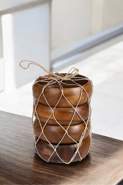 VonaHome طقم أوعية خشب السنط مكون من 4 قطع قطر: 9 سم الارتفاع: 4 سم