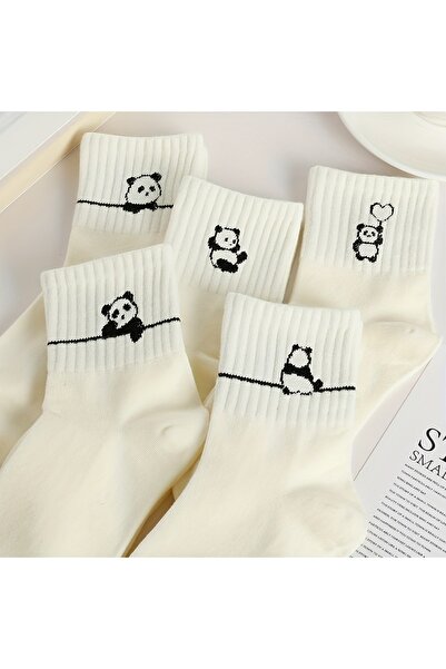 çorapmanya 5 Çift Sevimli Panda Yarım Konç Baskılı Kadın Çorap