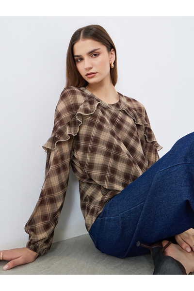Styli Women Brown Plaid Ruffle Blouse