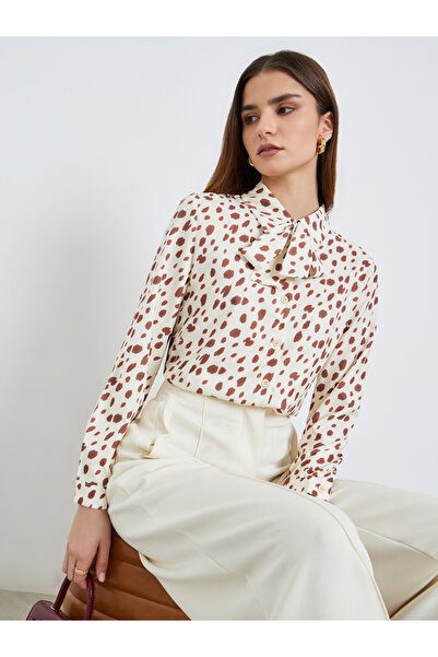 Styli Women Beige Animal Print Tie-Neck Shirt