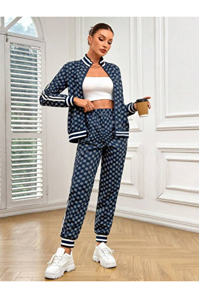 JANES Women's Long Sleeve Front Zipper Patterned Two Thread Blouse and Pants ...