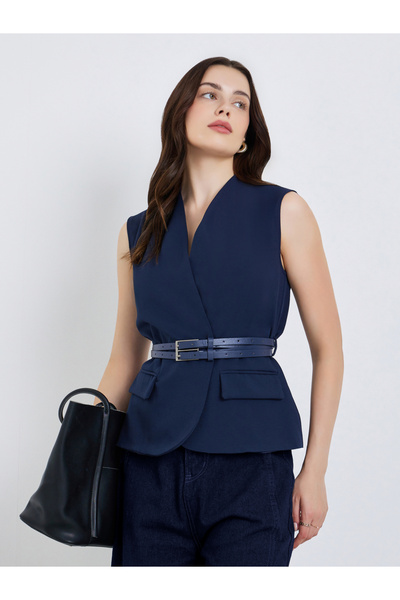Styli Women Navy Blue Belted Sleeveless Waistcoat