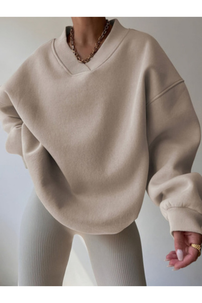 Take Two By Styli Women Beige Solid Oversized Sweatshirt