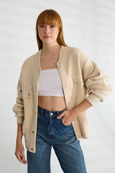 Robin T94589 Çıtçıtlı Cep Detaylı Likralı Kadın Hırka Taş