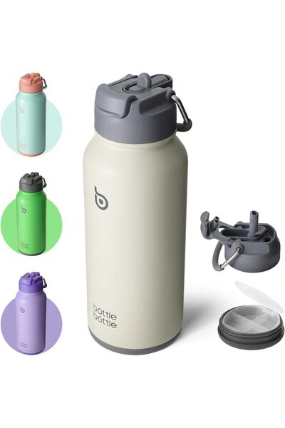 Generic زجاجة ماء معزولة سعة 32 أونصة، مصنوعة من الفولاذ المقاوم للصدأ، زجاجة رياضية مزودة بماصة وغطاء للاستخدام المزدوج