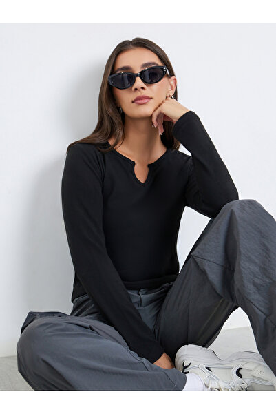 Styli Plain Notch Neck Long Sleeve T-Shirt