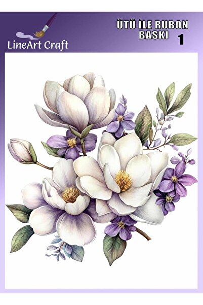 LİNEART N: 1 Çiçek, Manolya Desenli Kumaş Transfer, Ahşap Transfer, Rub On Tr...