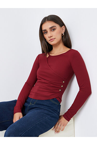 Styli Women Burgundy Asymmetric Long Sleeve Top