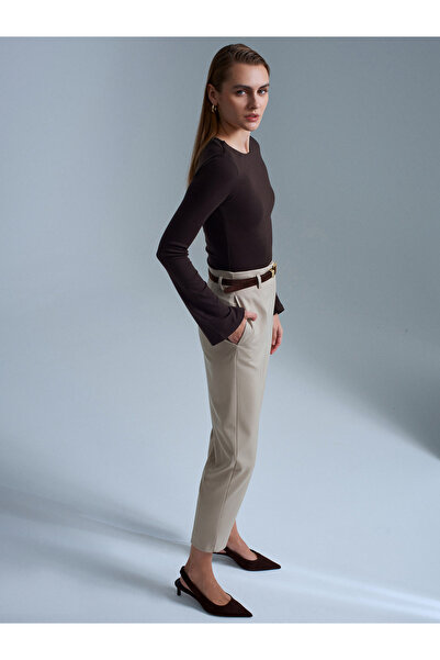 Dilvin 72242 Belted High Waist Trousers-Stone