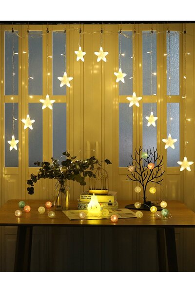 Brokoli Home 12 Saçaklı Yıldız Perde Led Gün Işığı Çapraz Led 2,5 Metre Fişli...