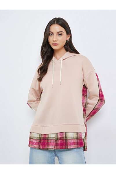 Take Two By Styli Pink Checked Trim Long Sleeve Hoodie