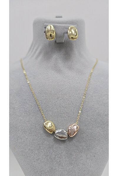 NO NAME Stainless Steel Gold Color Merkur Stone Model Necklace, Earring Set