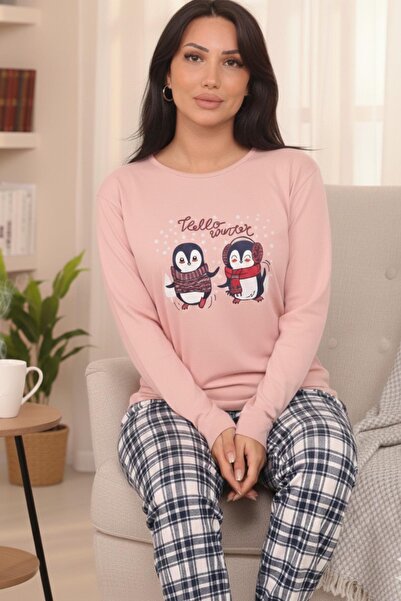 Niket Life Women's Penguin Patterned Bottom Plaid Patterned Crew Neck Long Sleeve Bottom Long Combed Cotton Pajama Set