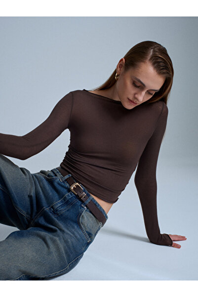 Dilvin 32371 سترة كشمير ممزوجة بياقة قارب مطاطية بلون بني غامق