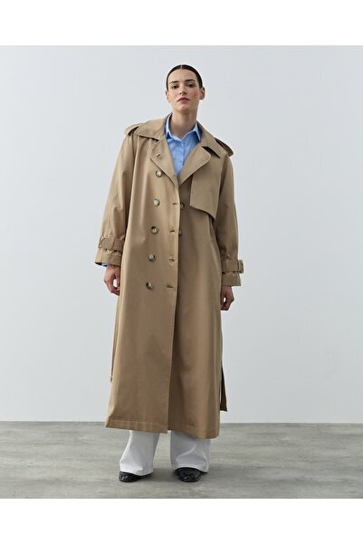 Aybikestil Paper Gabardin Uzun Düğmeli Allerli Klasik Trençkot Camel