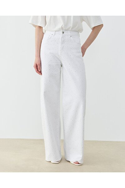 Aybikestil Taşlı Baggy Fit Jean Beyaz