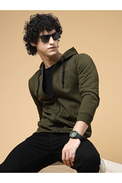 Rigo By Styli Men Olive Fleece Hoodie with Front Zip