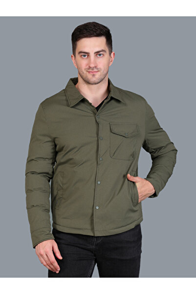 Fort Collins By Styli جاكيت رجالي من المخمل المضلع بأزرار أمامية، لون زيتوني