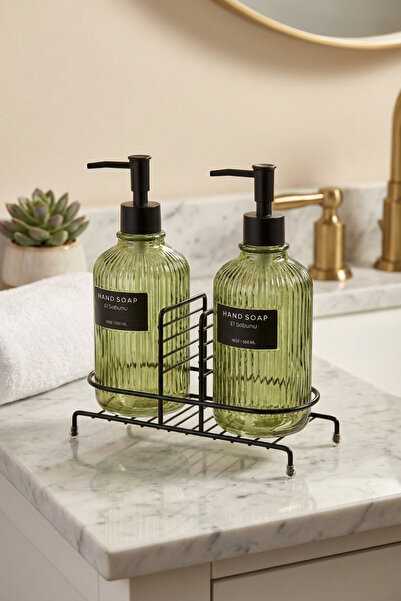 MAKRİ HOME Modern Striped Round Glass Double Liquid Soap Dispenser & Detergent Dispenser Set, Green - 500 ml Glass Soap Dispenser