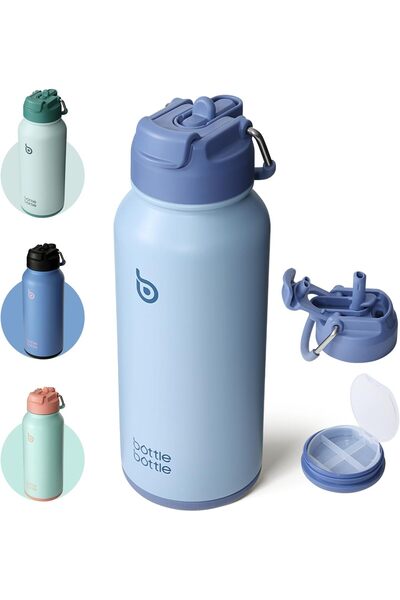 Generic زجاجة ماء معزولة سعة 32 أونصة، مصنوعة من الفولاذ المقاوم للصدأ، زجاجة رياضية مزودة بماصة وغطاء للاستخدام المزدوج