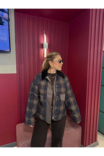 Serpirella Butik سترة مبطنة من الداخل بياقة مخملية منقوشة