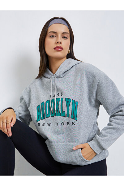 Styli Brooklyn Print Grey Hoodie with Front Pocket