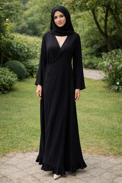 VİZYON Siyah Yandan Bağlamalı Kruvaze Namaz Elbisesi