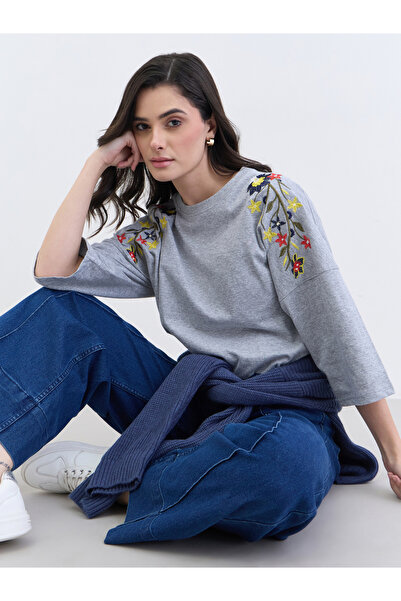 Styli Grey Floral Embroidered Oversized T-Shirt