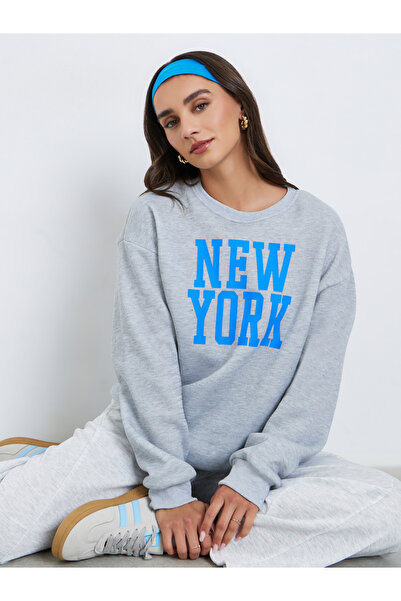 Styli Women Grey Oversize Printed Sweatshirts