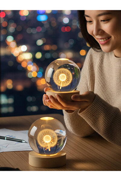 moryconcept Karahindibağ Model Ahşap Altlıklı USB LED Kristal Cam Küre Gece L...