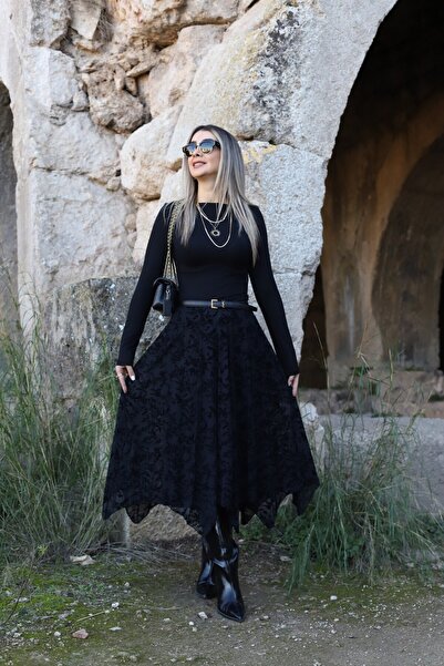 bytugcekaya Fusta din șifon brodat din catifea neagră