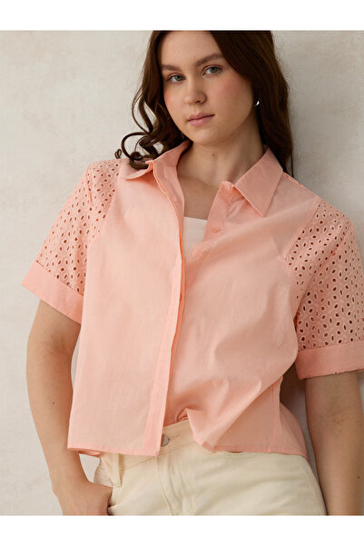 Outzidr By Styli Coral Schiffli Sleeve Crop Shirt