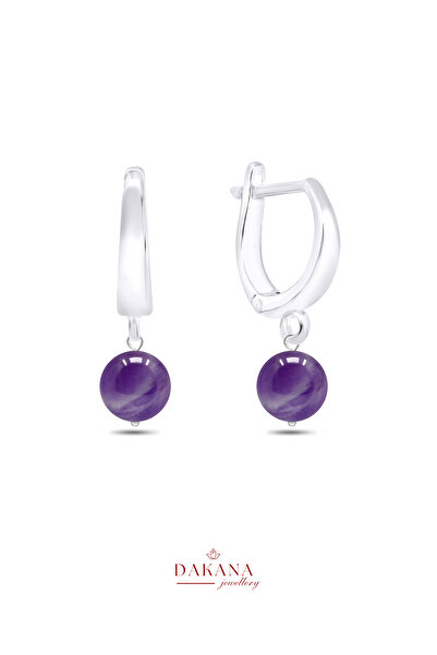 DAKANA JEWELLERY Sertifikalı Ametist Taşı 8 mm Gümüş Doğal Taş Küpe