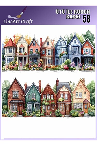 LİNEART N: 58 Colorful Houses Patterned Fabric Transfer, Wood Transfer, Rub o...
