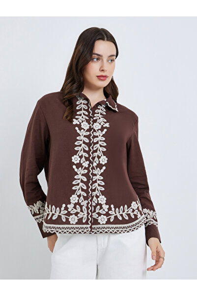 Styli Women Brown Embroidered Long Sleeve Shirt