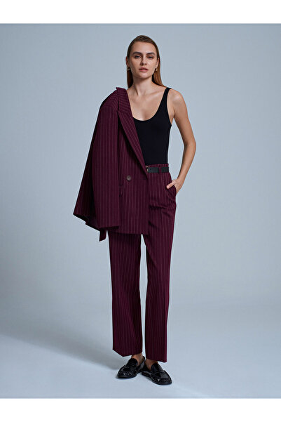 Dilvin 72235 Belted Straight Cut Trousers-Burgundy