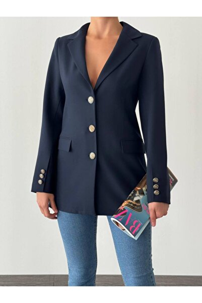 MAXXANA V-Neck Gold Button Detailed Fitted Polyviscose Blazer Jacket