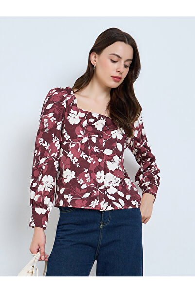 Styli Burgundy Floral Long Sleeve Blouse