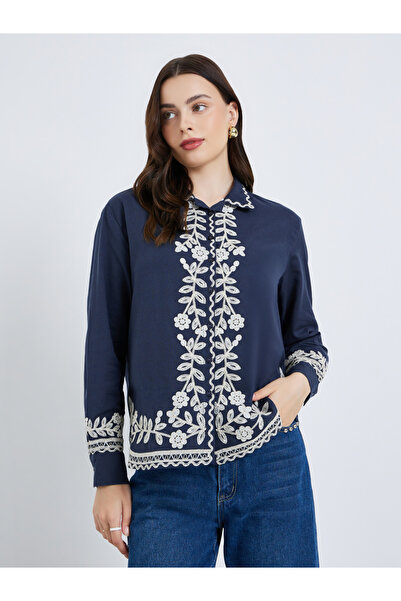Styli Women Blue Embroidered Long Sleeve Shirt