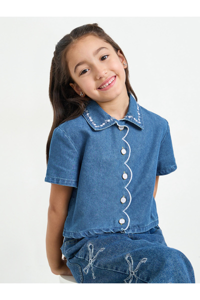 Styli Girls Embroidered Denim Shirt
