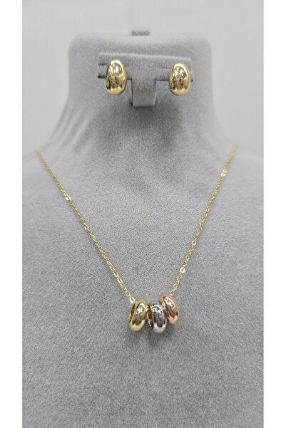 NO NAME Paslanmaz Çelik Altın Renk Şanslı Yüzük Model Kolye, Küpe Set