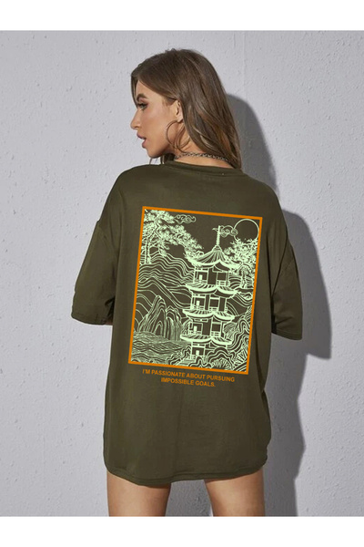 Rigo By Styli Women Olive Graphic Oversized T-Shirt