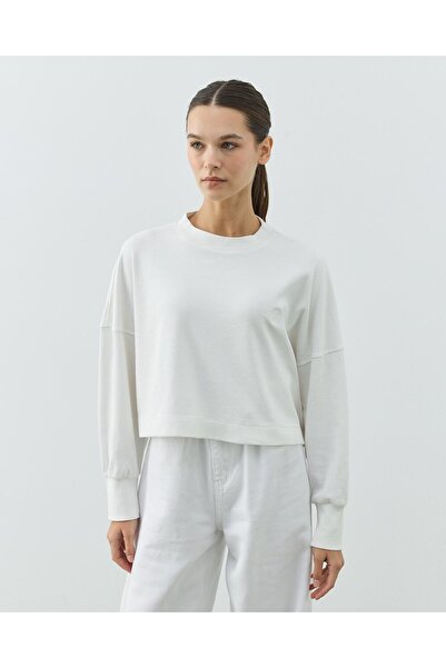 Aybikestil Penye İnterlok Crop Kısa Bluz Ekru