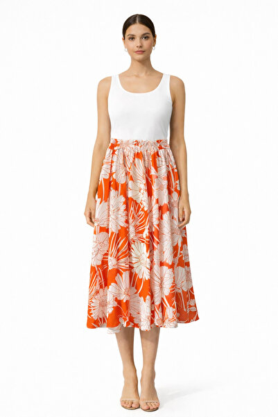 Batik Beli Lastikli Yırtmaçlı Emprime Etek