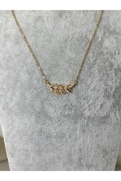divakse Çelik kolye yaprak model zirkon taşlı gold