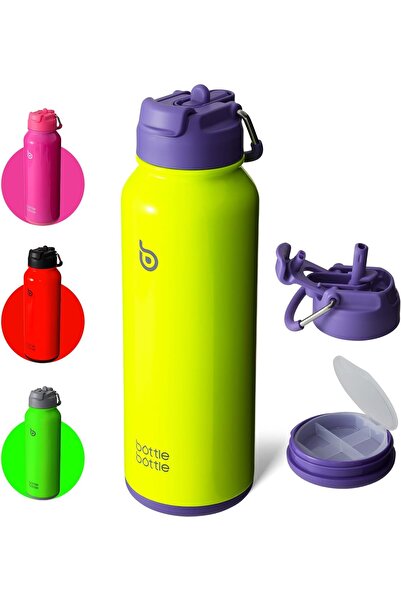 Generic زجاجة ماء رياضية سعة 40 أونصة، مصنوعة من الفولاذ المقاوم للصدأ، معزولة حراريًا، مزودة بماصة وحامل أقراص.