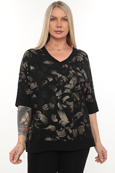 QRUVAZE Plus Size Blouse V-Neck Brush Pattern