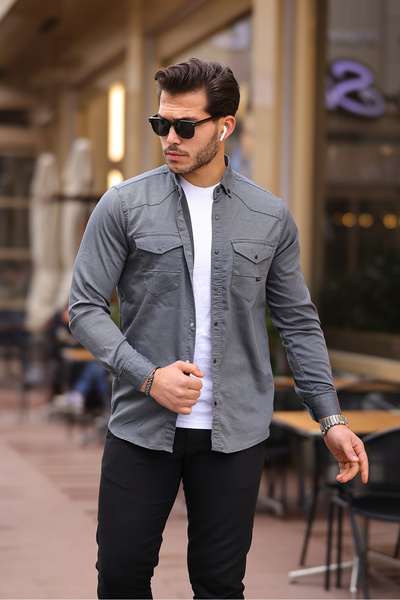 modabm Erkek Slimfit Kesim Çift Cepli Çıtçıtlı Keten Gömlek