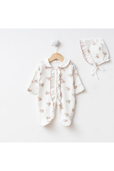 Eda Baby Elegant Hydrangea Floral Patterned Baby Romper with Built-In Gloves