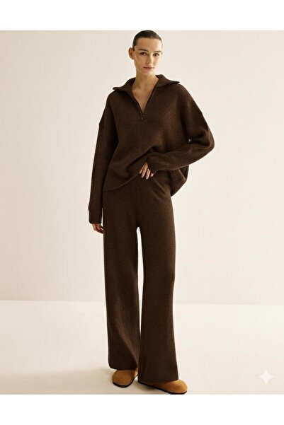 Sempre Set de două piese pentru femei, tricotaje calde și moi, pantaloni și top cu jumătate de fermoar